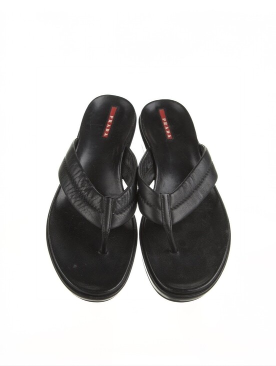 Prada Shoes - Prada Y2K Vintage Black Leather Thong Wedge Boho Coastal Summer Sandals Size 7